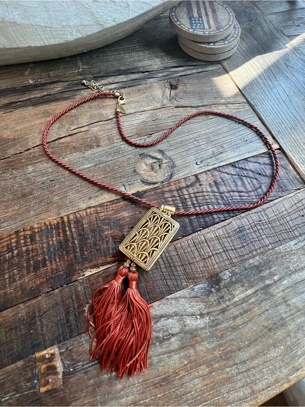 Chico's Gold-Tone Filigree Pendant Necklace with Rust Tassel